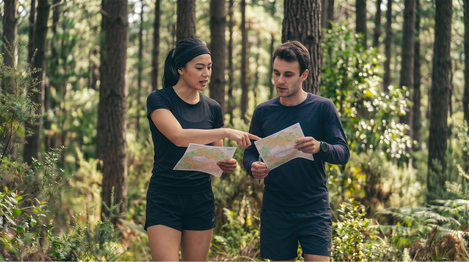 Two runners look at a map together in the forest