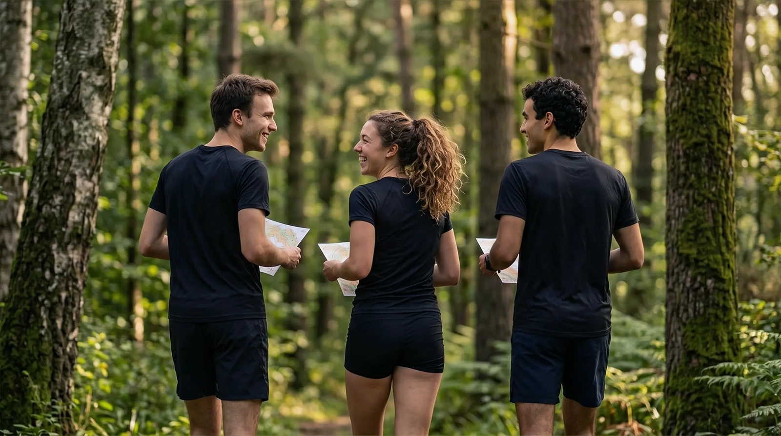 Three runners walk through the forest with a map